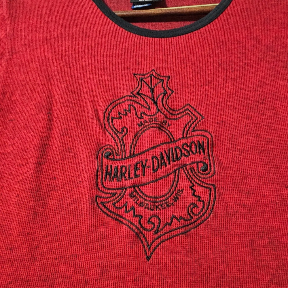 Vintage Harley Davidson Womens T Shirt "Dick‎ Farmer" Thermal Red Size Large - Picture 6 of 8